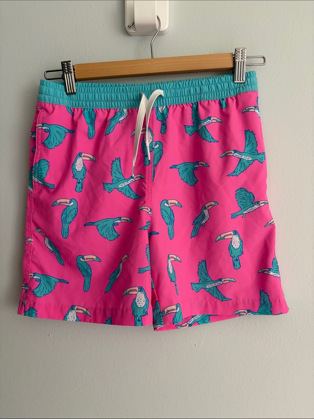 chubbies Pink Swim Trunks with Teal Toucan Print